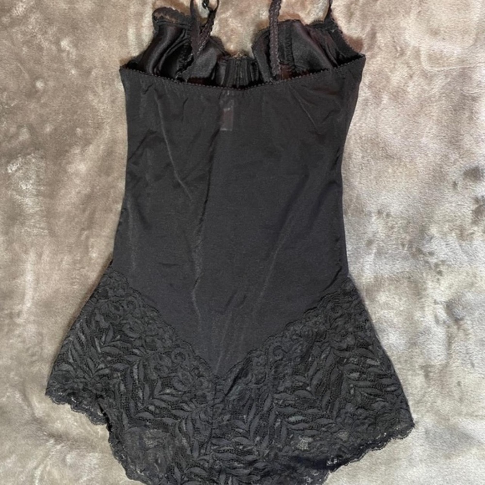 Roselle Black Sheer and hard Lace Body Suit Romper Girdle. Size M